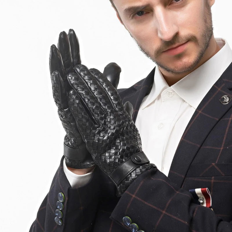 Guantes de piel auténtica para hombre, manoplas tejidas de alta calidad, a la moda, para conducir negocios, piel de cabra, novedad de 2022