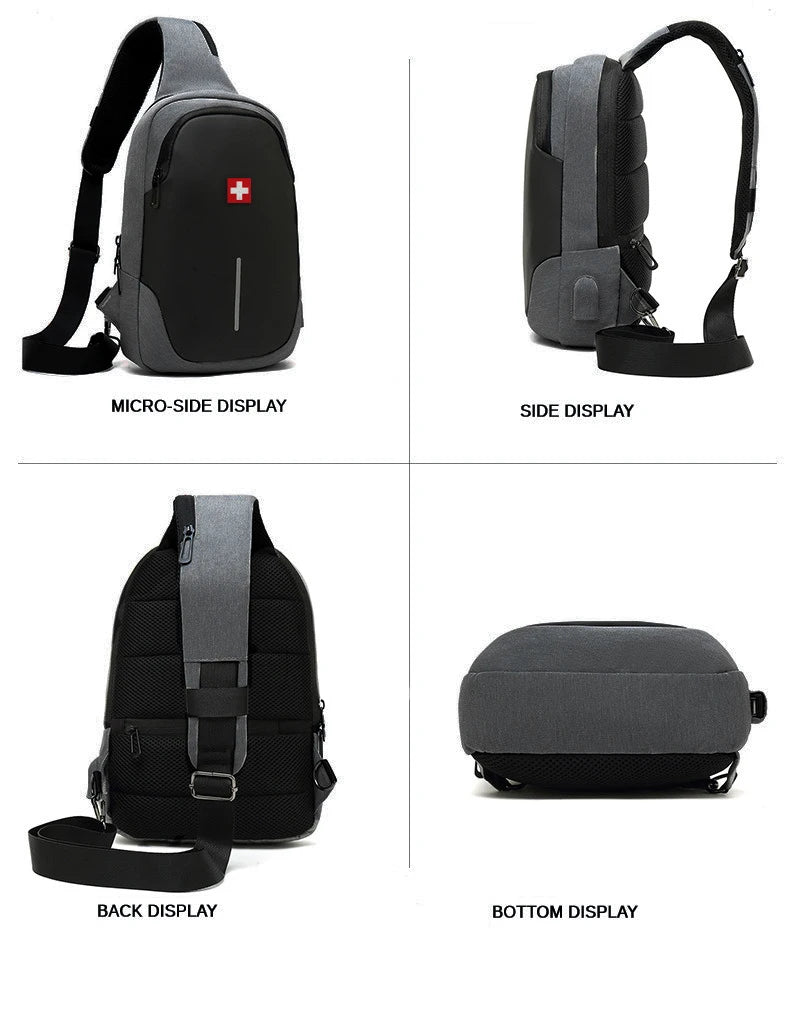 SWISS nuevo bolso de pecho informal para hombre, bolso de hombro impermeable deportivo, bolso cruzado antirrobo, bolso USB de Color sólido a la moda, bolso bandolera