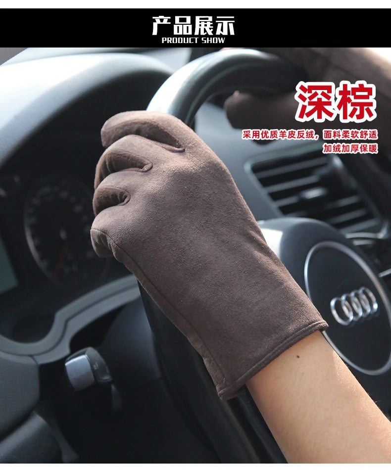 Guantes de hombre Otoño Invierno forro térmico de felpa espesar piel de oveja gamuza guantes de conducción pantalla táctil masculina M075