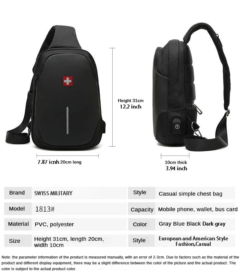 SWISS nuevo bolso de pecho informal para hombre, bolso de hombro impermeable deportivo, bolso cruzado antirrobo, bolso USB de Color sólido a la moda, bolso bandolera