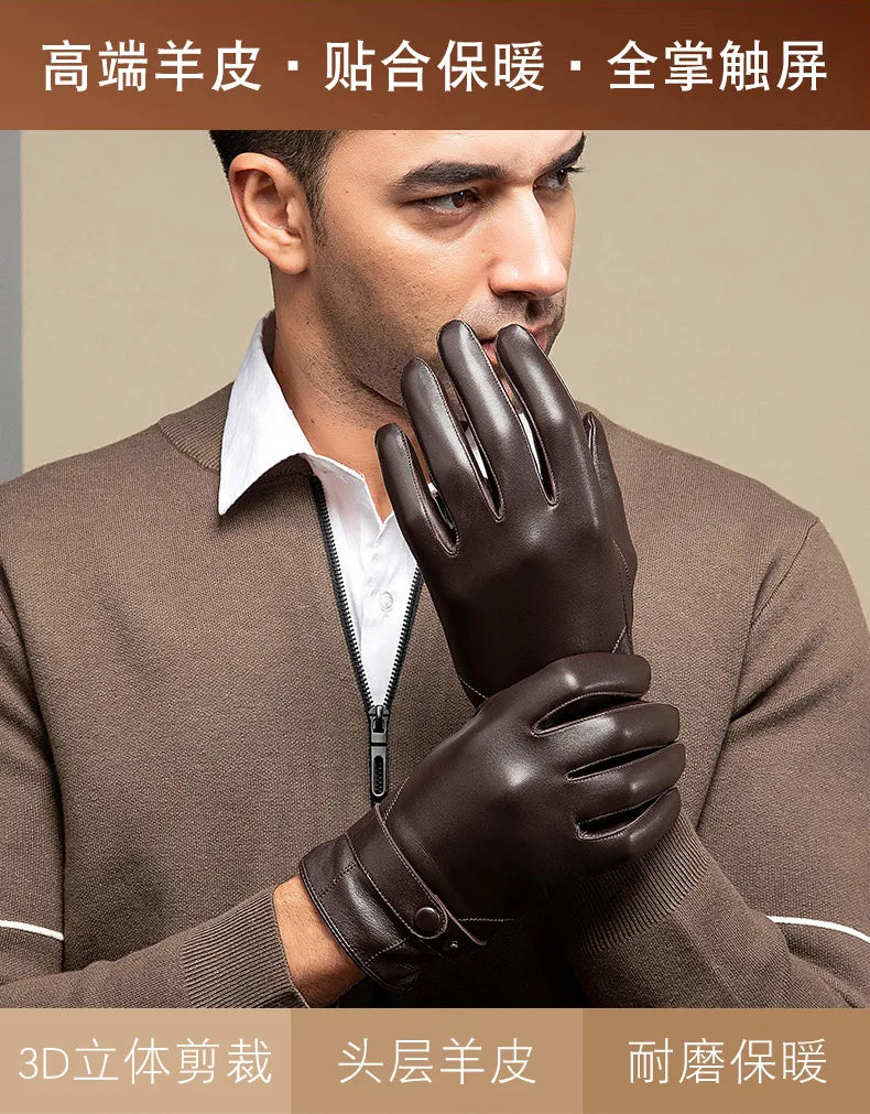 Guantes 100% de piel auténtica para hombre, guantes cálidos de lana para conducir, ciclismo, pantalla táctil, guantes de invierno de capa superior de piel de oveja, guantes de negocios