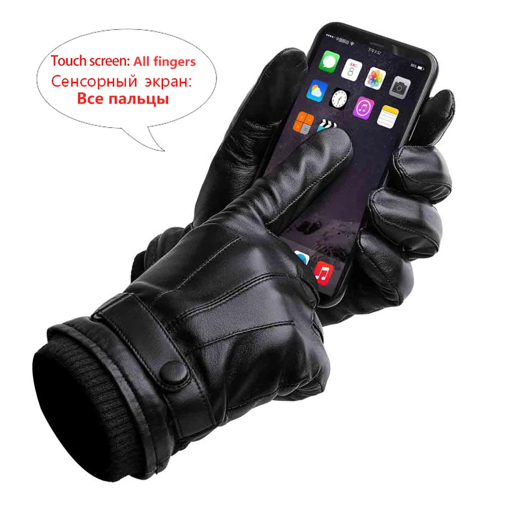 Guantes BISON DENIM de piel de oveja auténtica para hombre, guantes negros cálidos con pantalla táctil para otoño e invierno, guantes negros de alta calidad S019