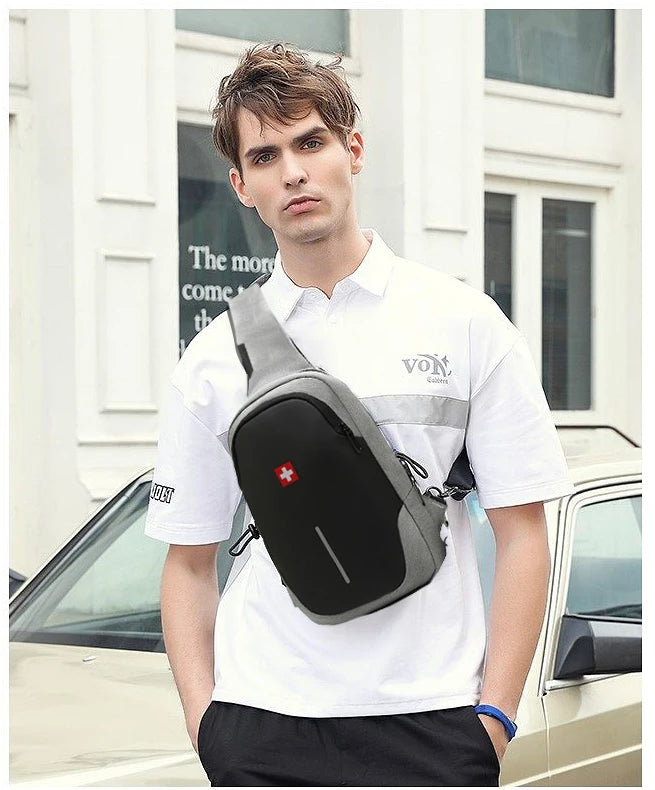 SWISS nuevo bolso de pecho informal para hombre, bolso de hombro impermeable deportivo, bolso cruzado antirrobo, bolso USB de Color sólido a la moda, bolso bandolera
