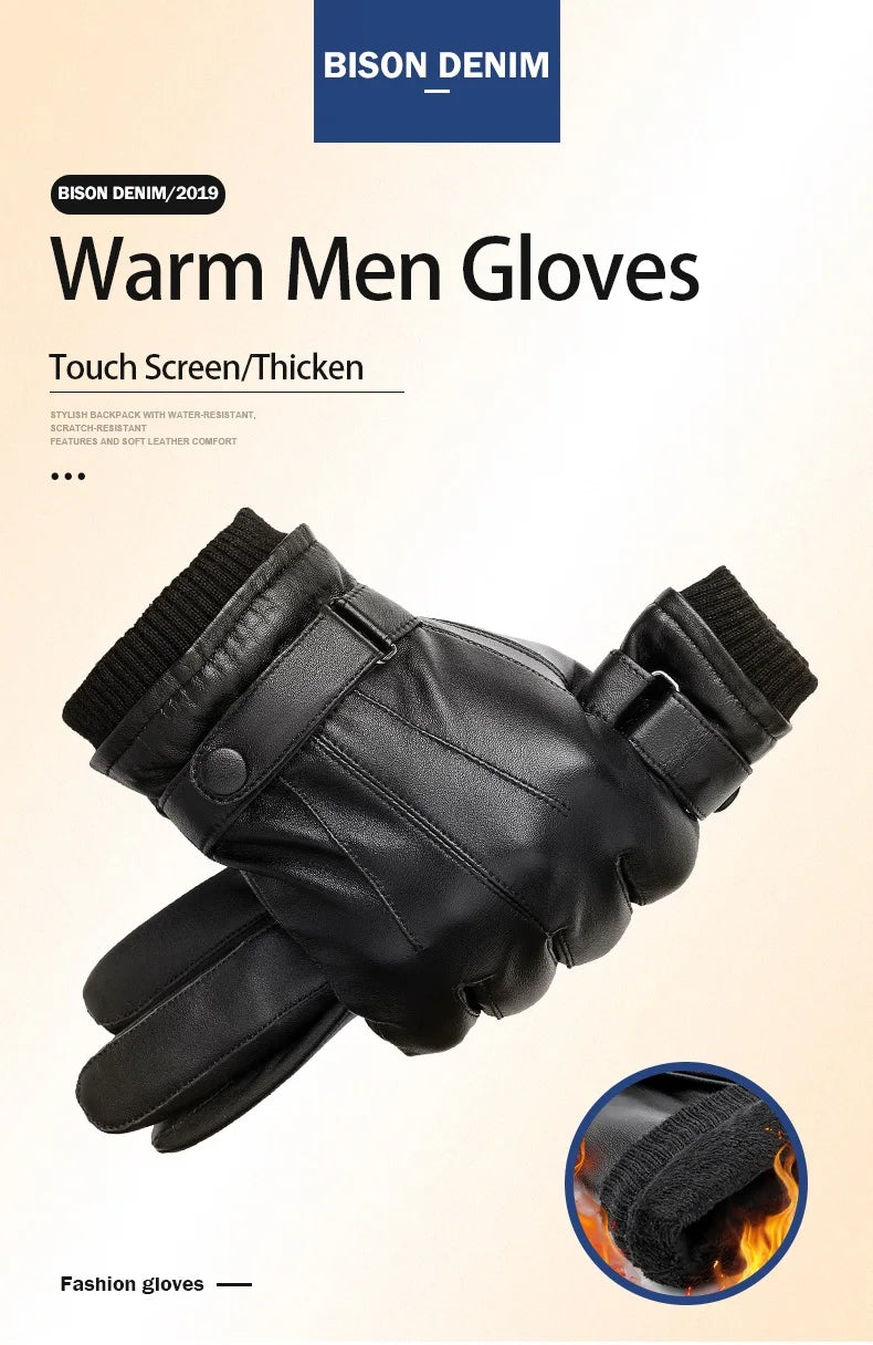 Guantes BISON DENIM de piel de oveja auténtica para hombre, guantes negros cálidos con pantalla táctil para otoño e invierno, guantes negros de alta calidad S019