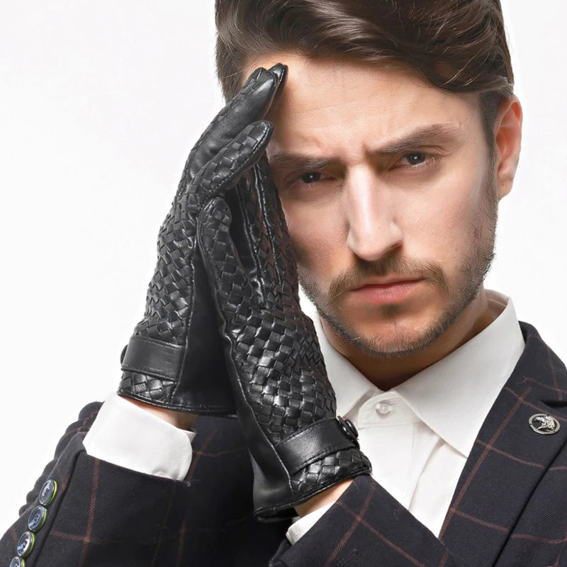Guantes de piel auténtica para hombre, manoplas tejidas de alta calidad, a la moda, para conducir negocios, piel de cabra, novedad de 2022