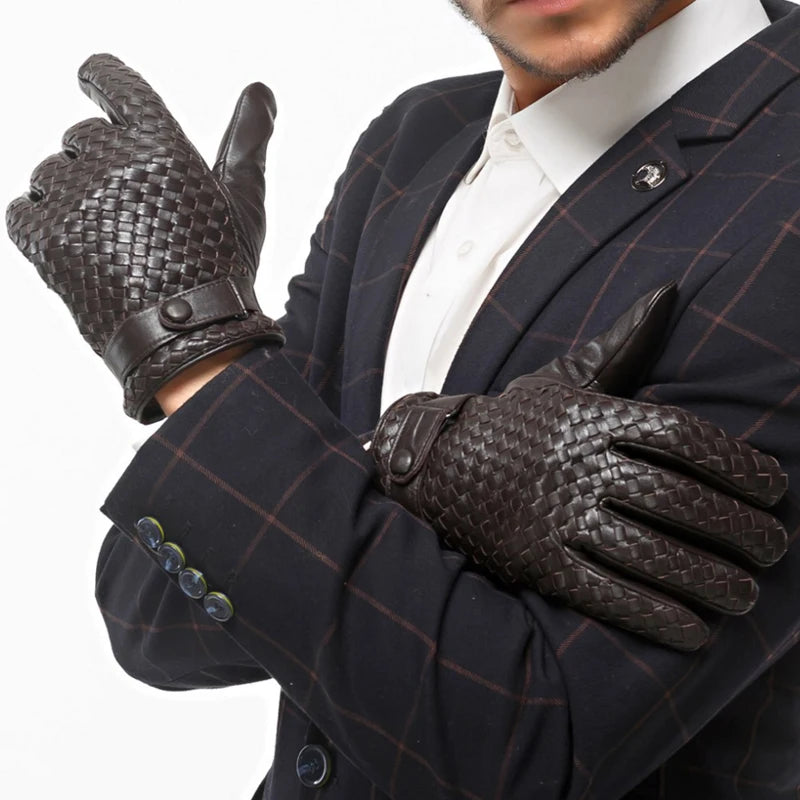 Guantes de piel auténtica para hombre, manoplas tejidas de alta calidad, a la moda, para conducir negocios, piel de cabra, novedad de 2022