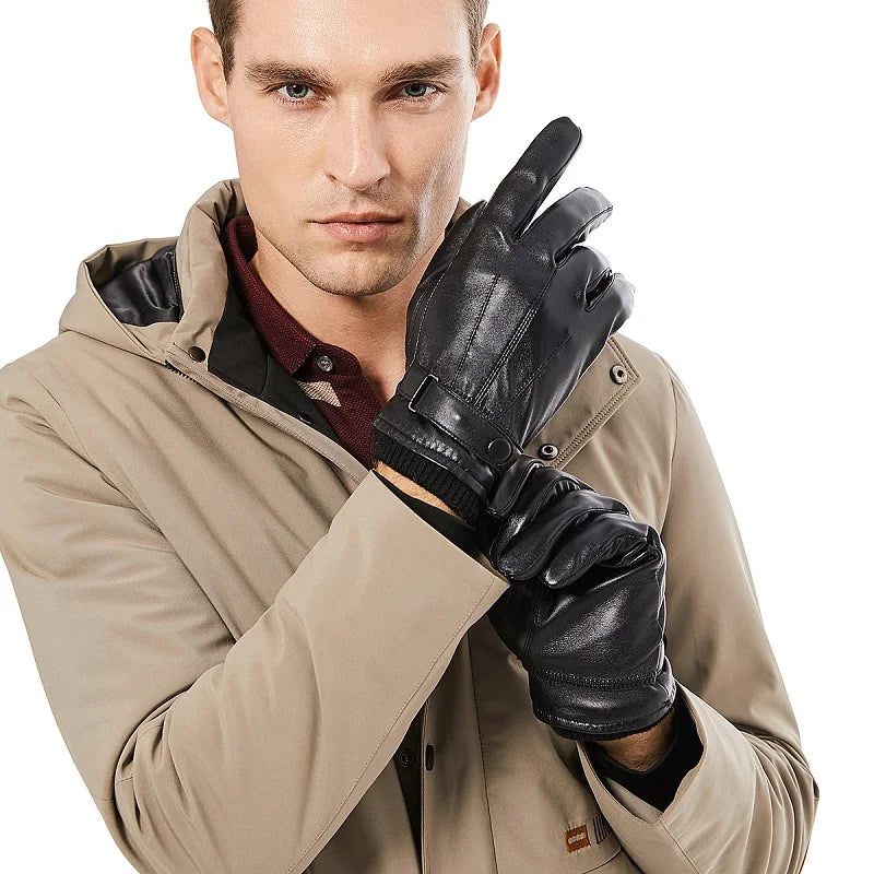 Guantes BISON DENIM de piel de oveja auténtica para hombre, guantes negros cálidos con pantalla táctil para otoño e invierno, guantes negros de alta calidad S019