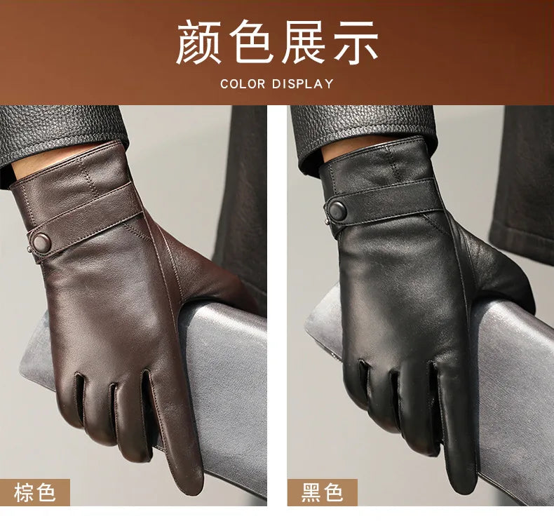Guantes 100% de piel auténtica para hombre, guantes cálidos de lana para conducir, ciclismo, pantalla táctil, guantes de invierno de capa superior de piel de oveja, guantes de negocios