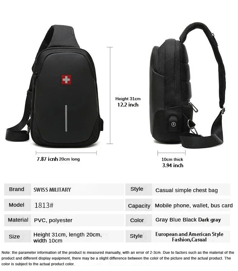 SWISS nuevo bolso de pecho informal para hombre, bolso de hombro impermeable deportivo, bolso cruzado antirrobo, bolso USB de Color sólido a la moda, bolso bandolera