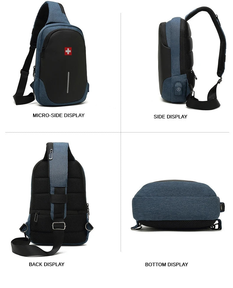 SWISS nuevo bolso de pecho informal para hombre, bolso de hombro impermeable deportivo, bolso cruzado antirrobo, bolso USB de Color sólido a la moda, bolso bandolera