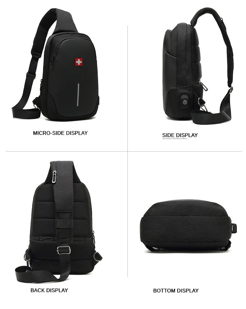 SWISS nuevo bolso de pecho informal para hombre, bolso de hombro impermeable deportivo, bolso cruzado antirrobo, bolso USB de Color sólido a la moda, bolso bandolera