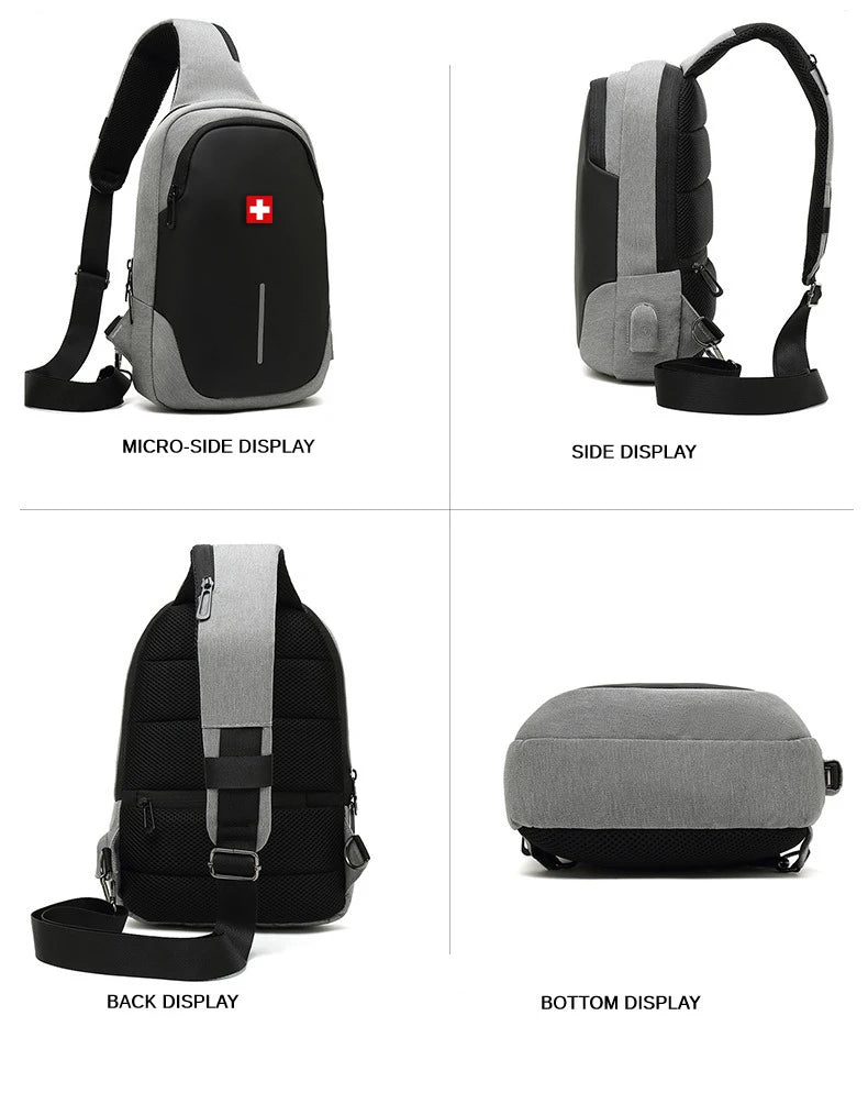 SWISS nuevo bolso de pecho informal para hombre, bolso de hombro impermeable deportivo, bolso cruzado antirrobo, bolso USB de Color sólido a la moda, bolso bandolera