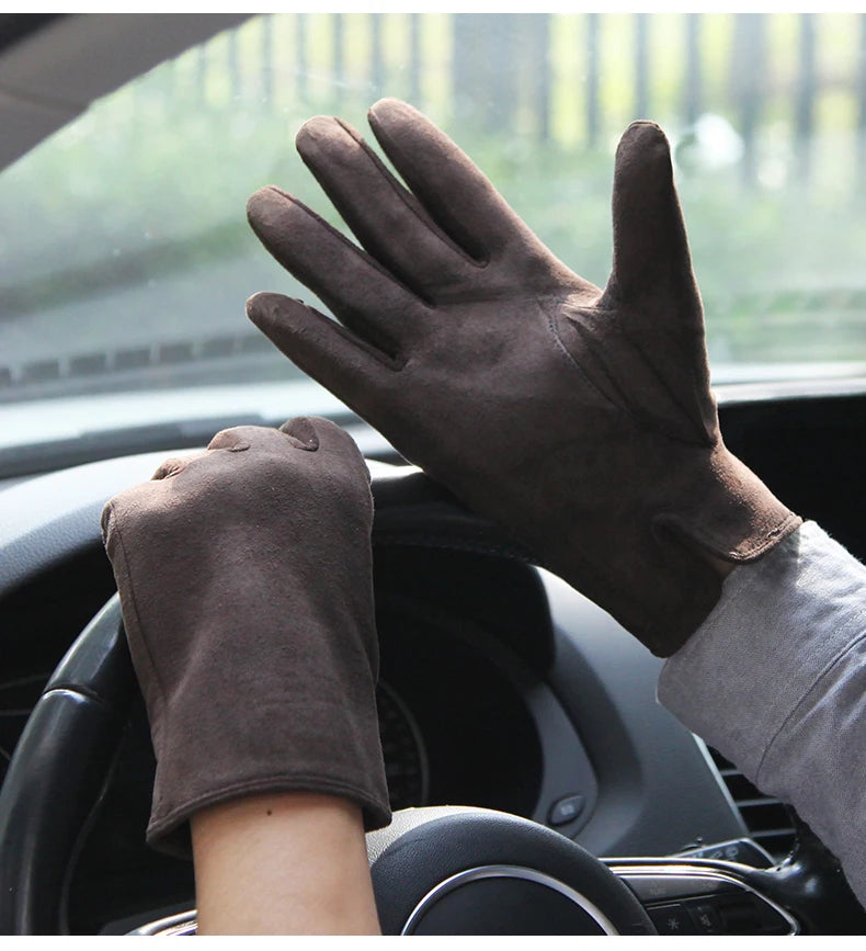 Guantes de hombre Otoño Invierno forro térmico de felpa espesar piel de oveja gamuza guantes de conducción pantalla táctil masculina M075