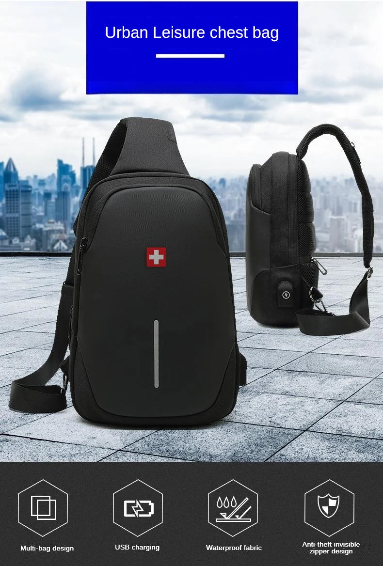 SWISS nuevo bolso de pecho informal para hombre, bolso de hombro impermeable deportivo, bolso cruzado antirrobo, bolso USB de Color sólido a la moda, bolso bandolera