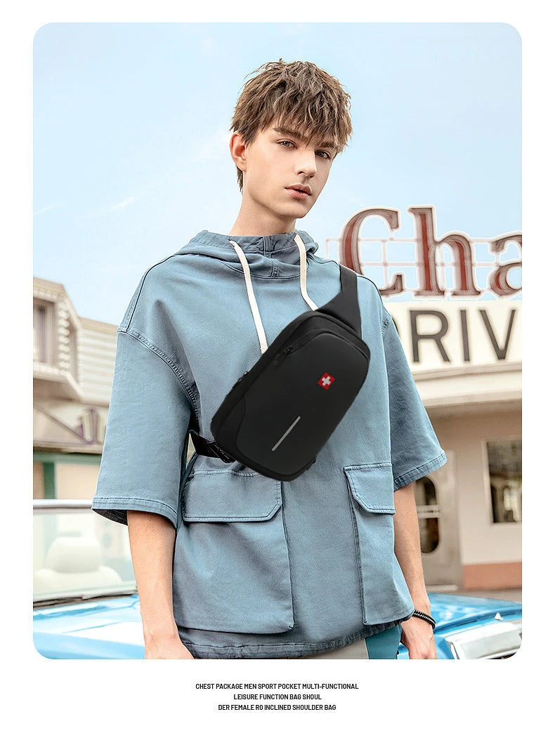 SWISS nuevo bolso de pecho informal para hombre, bolso de hombro impermeable deportivo, bolso cruzado antirrobo, bolso USB de Color sólido a la moda, bolso bandolera