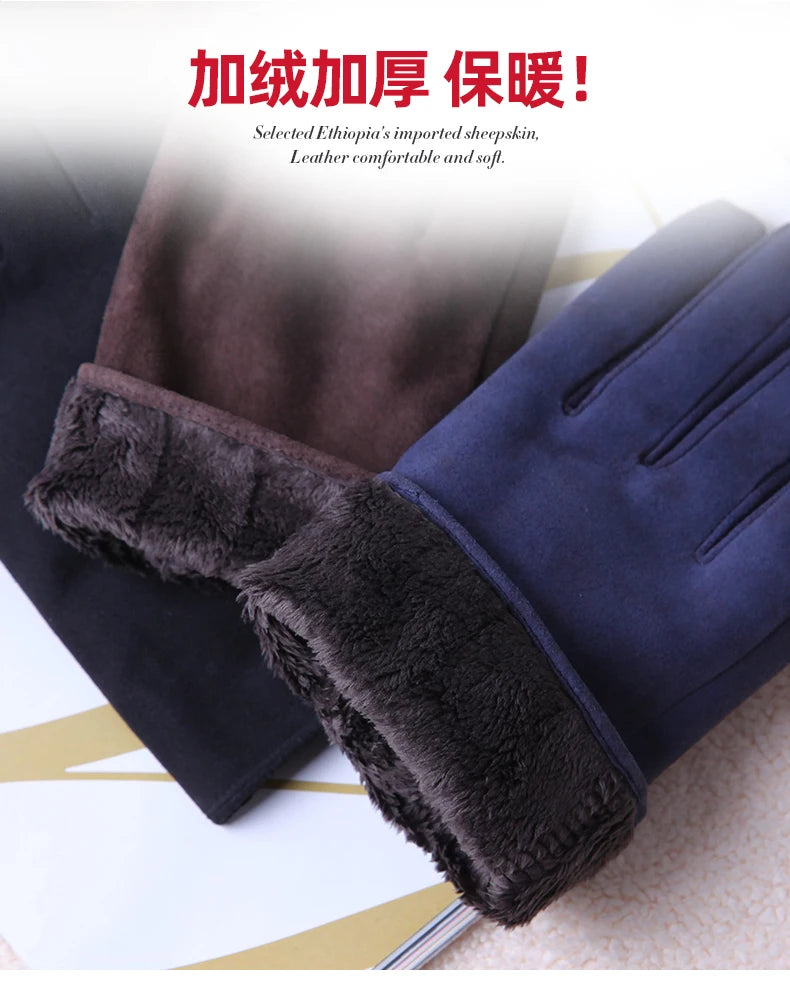 Guantes de hombre Otoño Invierno forro térmico de felpa espesar piel de oveja gamuza guantes de conducción pantalla táctil masculina M075